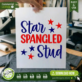A high-resolution printed transfer of the Star Spangled Stud design being held up, demonstrating its high-quality 300 DPI output for sublimation and DTF printing on patriotic DIY craft projects.