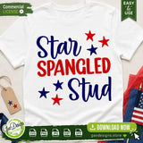 A professional white t-shirt mockup displaying the Star Spangled Stud SVG design in patriotic red and blue colors with stars, ideal for creating Independence Day toddler apparel using Cricut or Silhouette.