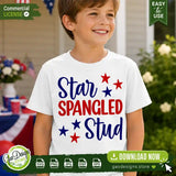 A young boy smiling while wearing a custom-made patriotic t-shirt featuring the Star Spangled Stud SVG design, perfect inspiration for handmade sellers and moms creating 4th of July kids' clothing.