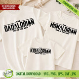 Complete set of 3 matching family shirt designs including Dadalorian Momalorian and Kidalorian for DIY projects