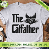 Mockup of a grey t-shirt featuring The Catfather design with a cat wearing glasses and a mustache, perfect for cat lovers.