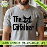 A person wearing a grey t-shirt featuring The Catfather graphic, showcasing the cat with glasses and mustache design.
