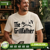 A man wearing a cream-colored t-shirt featuring The Grillfather digital design, demonstrating a funny BBQ dad gift idea using SVG and PNG cut files for Father's Day apparel.