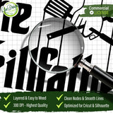 A magnifying glass inspecting the clean lines and smooth nodes of The Grillfather SVG file, emphasizing the 300 DPI high-quality resolution and easy-to-weed features for professional crafters.