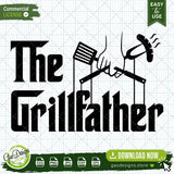 High-resolution black vector preview of The Grillfather logo on a professional grid background, including SVG, PNG, DXF, and EPS formats for small business commercial use.