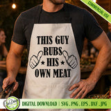  A man wearing a beige BBQ apron featuring a funny grilling quote "This Guy Rubs His Own Meat" with thumbs-up icons, perfect for Father's Day gifts.