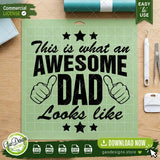 Digital cut file displayed on a green Cricut cutting mat with weeding tools, demonstrating the clean lines and easy-to-weed nodes of the Awesome Dad SVG for vinyl crafting.