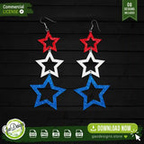 Vertical tiered star earrings in red, white, and blue glitter finishes, a stylish patriotic dangle earring design for laser cutters.