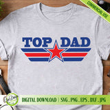 Top Dad SVG digital download featuring a classic military pilot inspired logo in red and blue, perfect for Father's Day t-shirts, mugs, and DIY crafts.