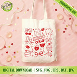 Canvas tote bag displaying a trendy hand-drawn Valentine design with sketch-style ribbons, champagne, and love elements.