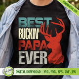 A realistic lifestyle mockup of a man wearing a black t-shirt with the Best Buckin Papa Ever design. Showcases how the digital graphic looks when printed on apparel for Father's Day or hunting season gifts.