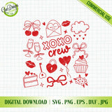 Hand-drawn Valentine Coquette sublimation design featuring bows, cherries, hearts, and XOXO Crew text in a trendy sketchy style.