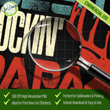 A close-up view through a magnifying glass showing the high-resolution 300 DPI grunge texture of the Best Buckin Papa Ever design. Highlights the professional quality and sharp details of the digital download assets.
