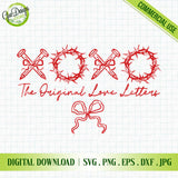 Religious XOXO design featuring Jesus' nails and crown of thorns forming the letters, red Christian Valentine SVG.
