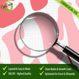 Macro shot through a magnifying glass showing the clean, smooth cutting nodes of the wavy text edges, optimized for Cricut vinyl cutting.