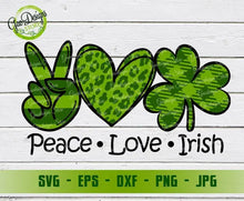 Load image into Gallery viewer, Peace Love Irish Svg, St. Patrick&#39;s Day Svg, Irish Lucky Shamrock svg, Clover SVG file, Shamrock Clip Art GaoDesigns Store Digital item
