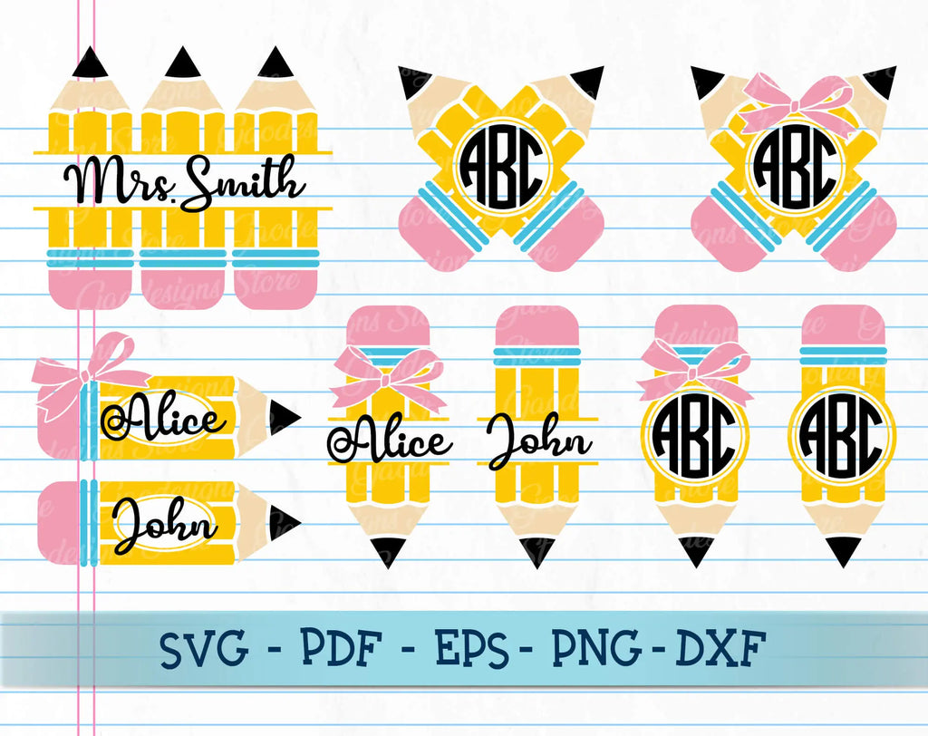 Pencil monogram frame svg, school teacher svg, pencil clip art, teacher ...
