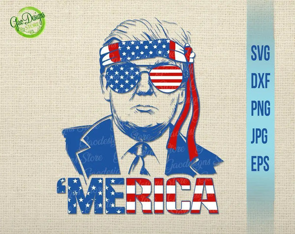 Trump Merica SVG, Trump with Sunglasses American Flag Design Silhouette SVG Cutting File Cricut Download 4th of July Svg, President Day Svg GaoDesigns Store Digital item