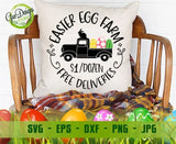 Decorative pillow mockup featuring a turquoise retro truck carrying a large Easter egg with "Easter Egg Farm" text